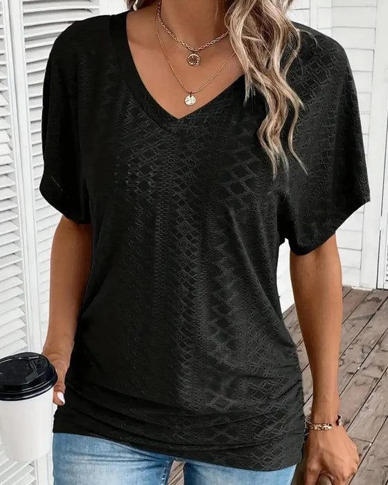 T-Shirt Col En V Évidé Superposé Patchwork