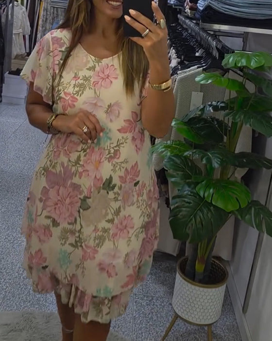 Robe Col Rond Florale Double Couche