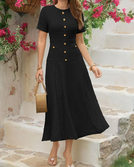 Robe Col Rond Ajustée Bouton Patchwork