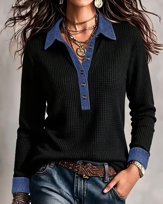 Blouse Décontractée Denim Col Panneau Manches Longues