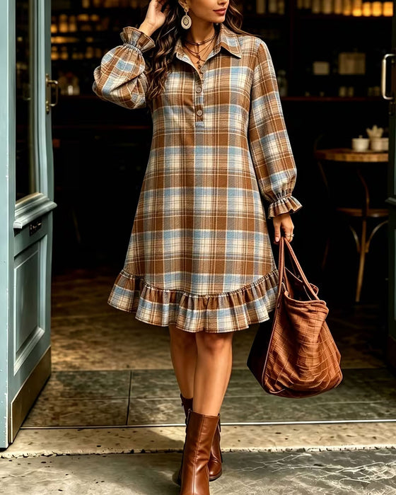 Robe Revers Bouton À Carreaux