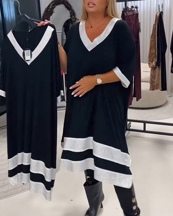 Robe Col En V Manches Courtes Bloc De Couleur Coupe Loose