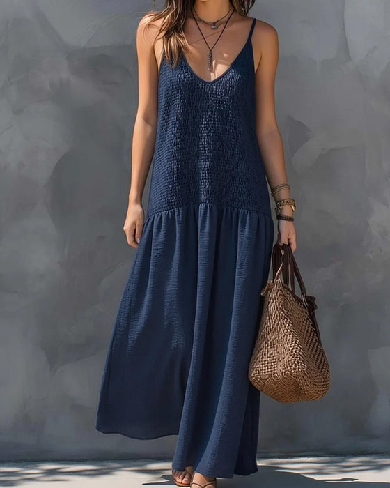 Robe Col En V Bretelles Froncée Patchwork Sans Manches