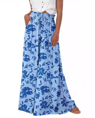 Pantalon Fleuri Unicolore Taille Haute Large