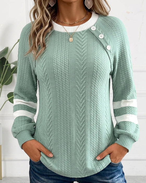 Sweatshirt Col Rond Bouton Rayé Jacquard