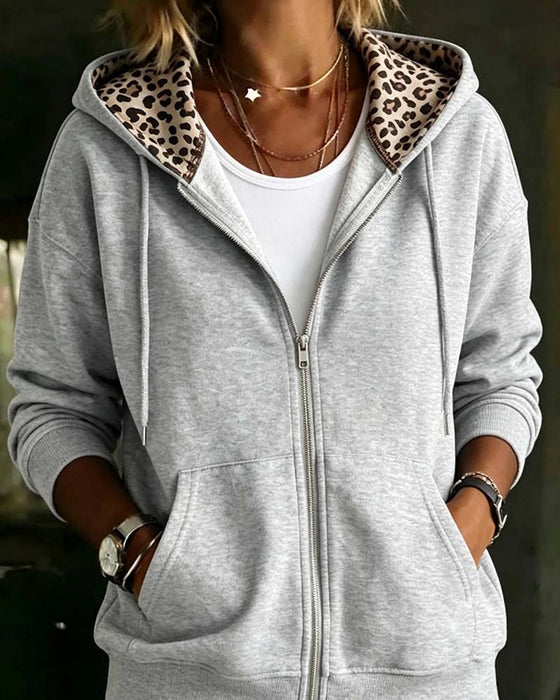Manteau Capuche Imprimé Léopard Poche Fermeture Éclair