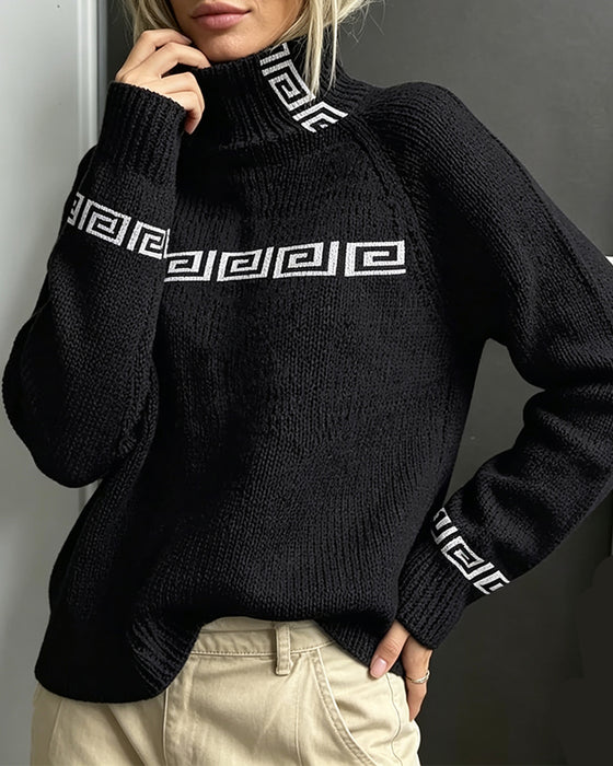 Pullover Sweat Méandre Géométrique Col Roulé
