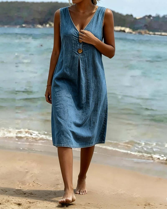 Robe En Denim Col V Sans Manches