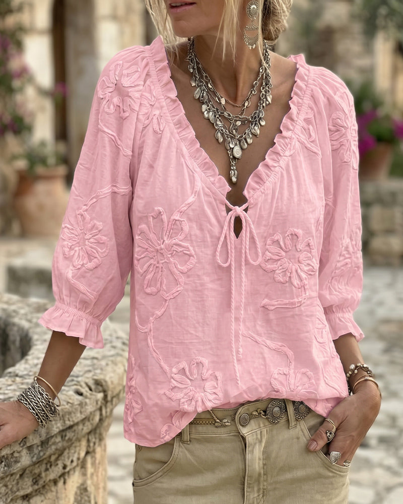Blouse 100% Coton Col-V Enveloppante À Nœud Volantée