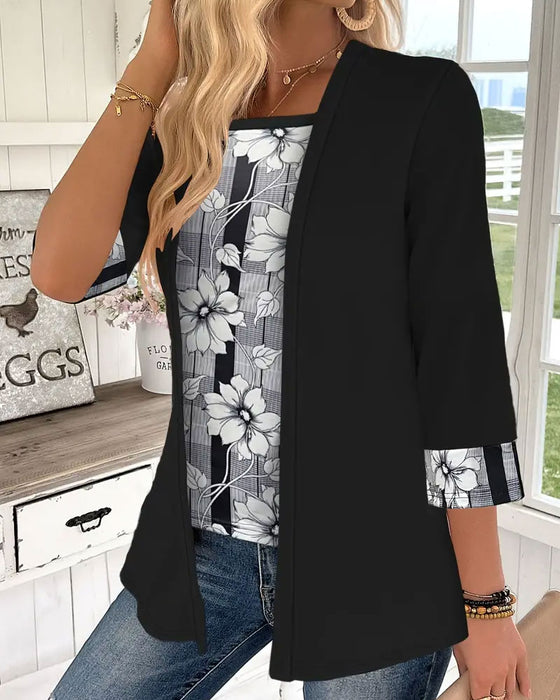 Haut Imprimé Manches Longues Faux Deux Pièces