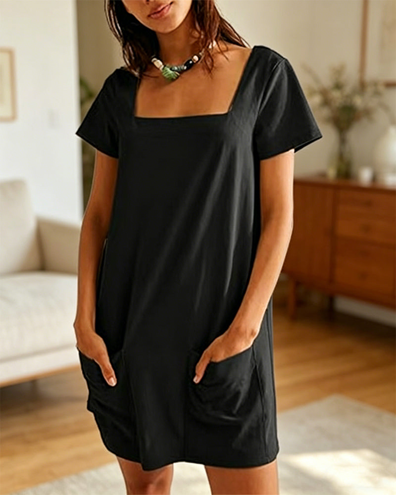 Robe Col Carré Manches Courtes Poche
