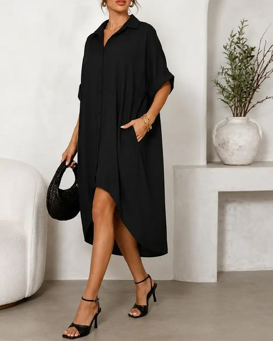 Robe Revers Col Bouton Irrégulier