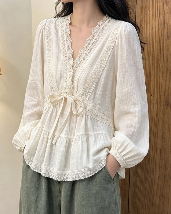 Blouse Col V Manche Ballon Dentelle Patchwork Évasée