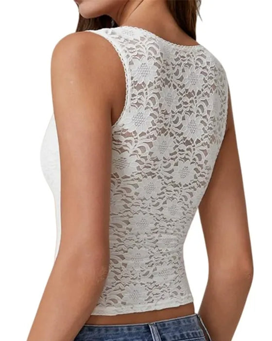 Tank Top Dentelle Garniture Col Carré Sans Manches