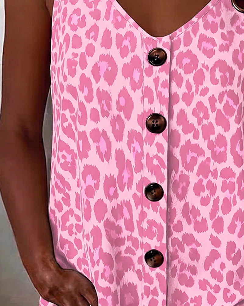 Tank Top Léopard Bretelle Spaghetti Bouton Boucle Métallique