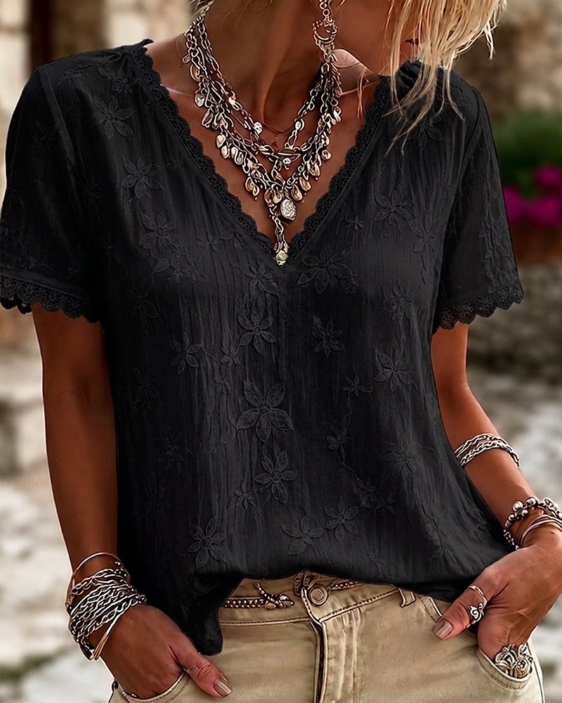 Blouse Col V Dentelle Manche Courte