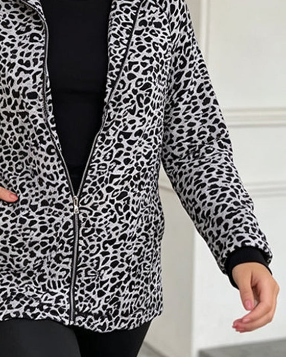 Manteau Léopard Col Monté Fermeture Éclair