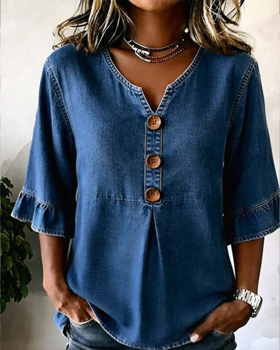 Blouse Col En V Manche Évasée Jean