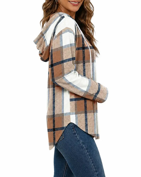 Blouse À Carreaux Capuche Cordon De Serrage