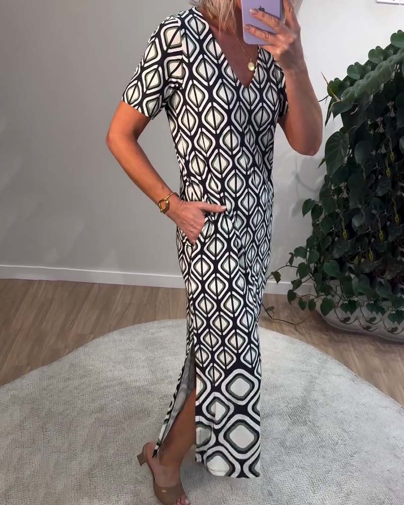 Robe Col V Géométrique Manches Courtes