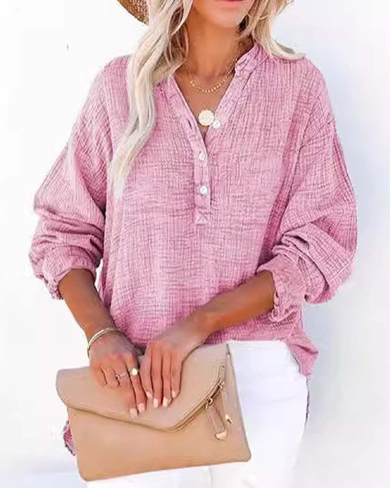 Blouse Plissée Bouton Manches Longues