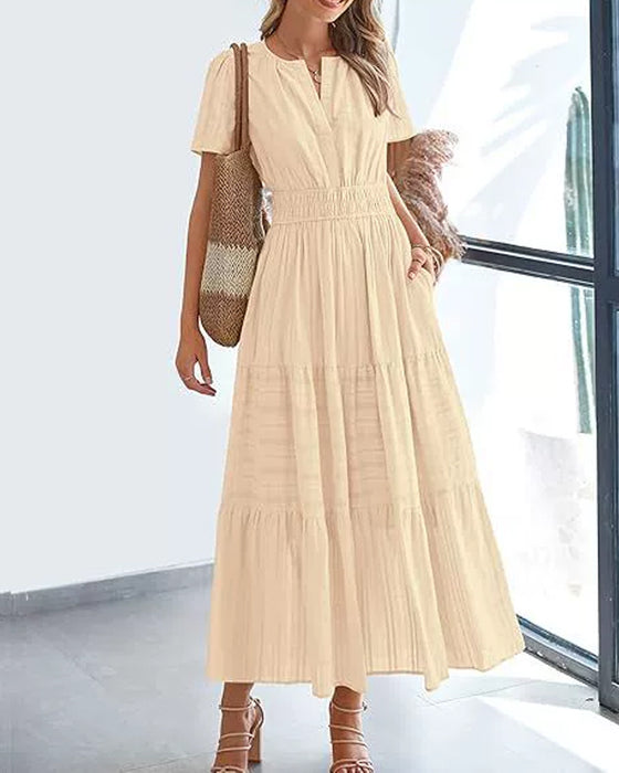 Robe Col En V Froncé Manche Bouffante Manches Courtes
