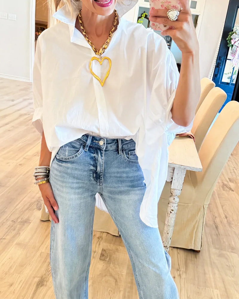 Blouse Coupe Lâche Épaule Descendante Blanche Manche Longue