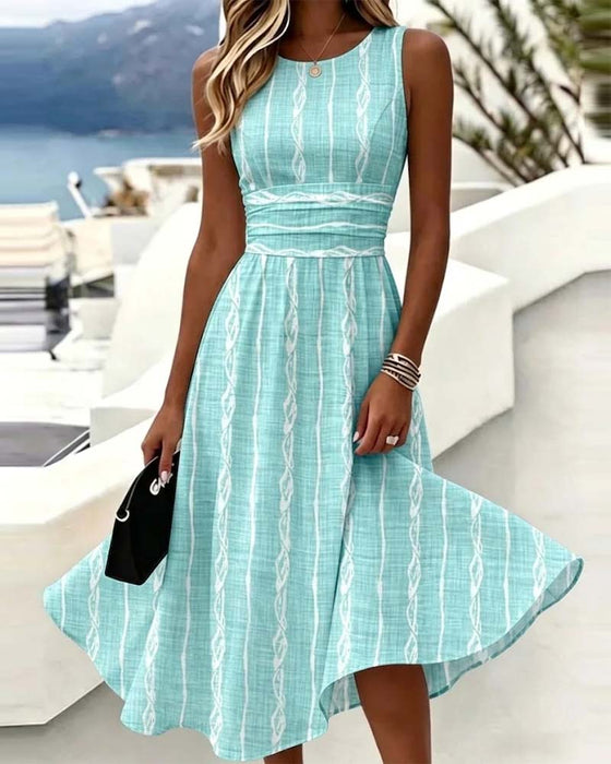 Robe Col Rond Sans Manches Rayée Taille Cintrée