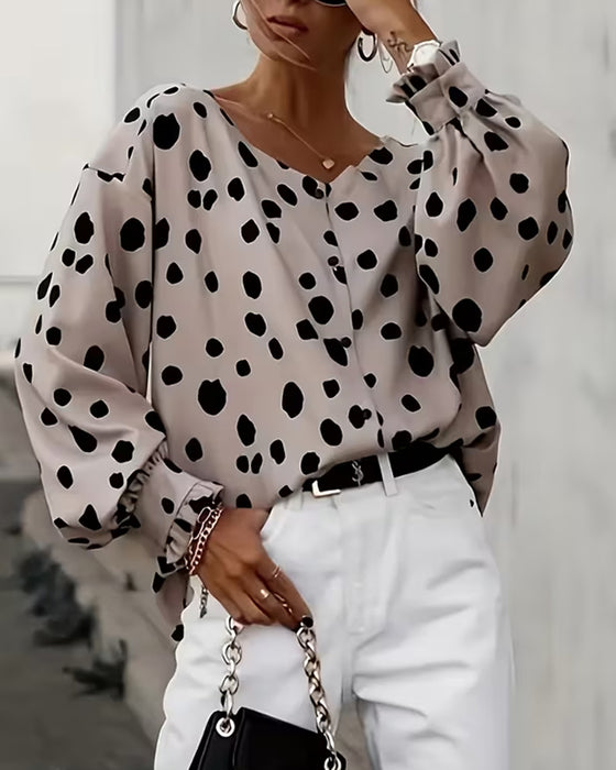 Chemisier Encolure V Pois Manches Bouffantes