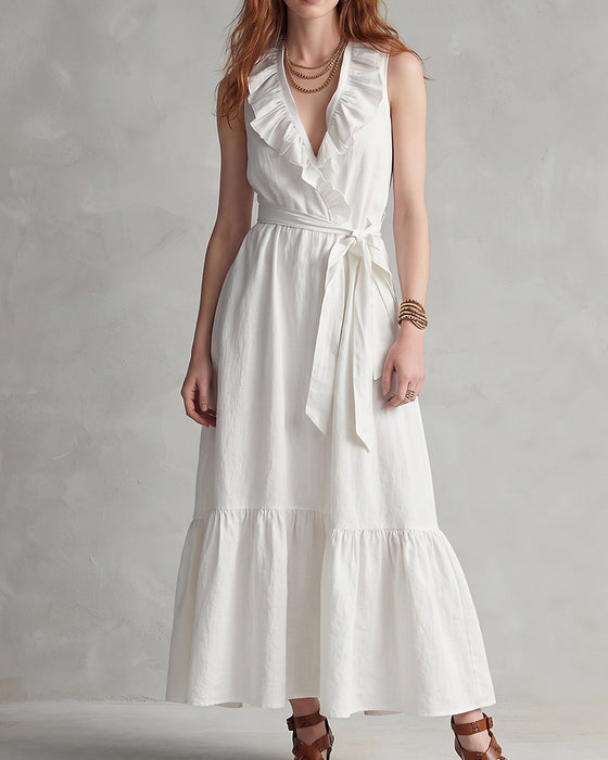 Robe Col-V Sans-Manches Volantée Nœud-Devant