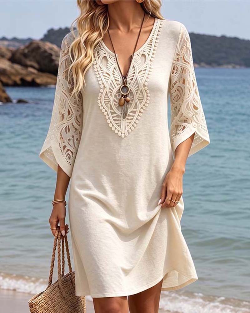 Robe Col-V Dentelle Uni
