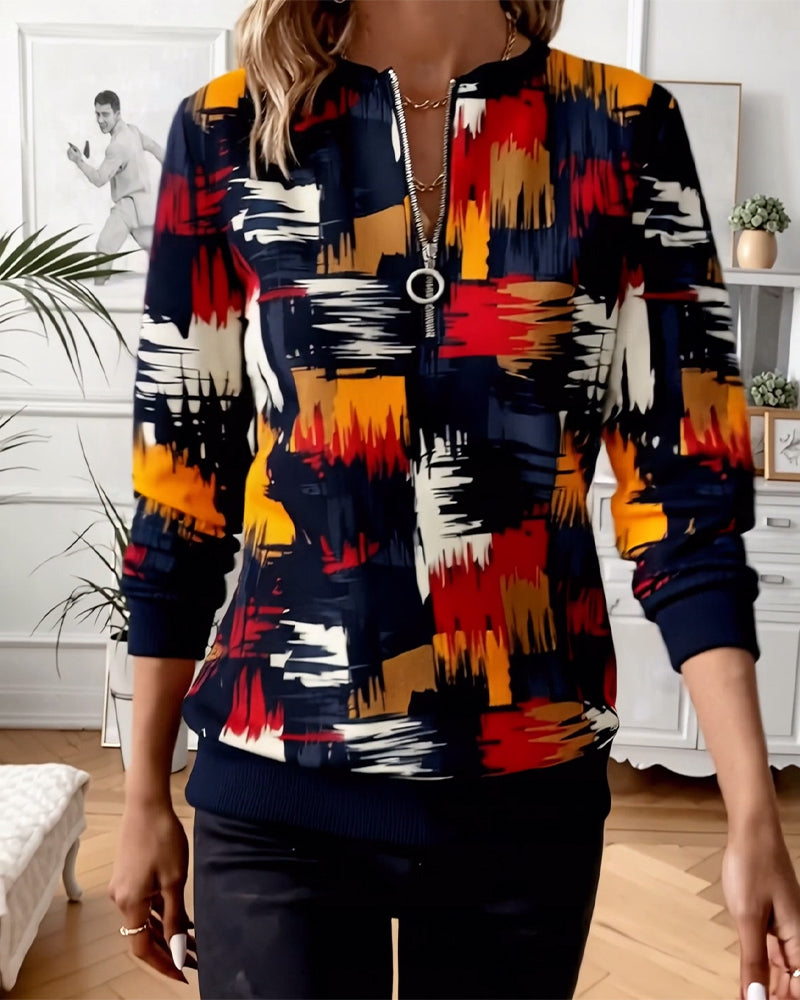 Sweat-shirt décontracté à fermeture éclair et imprimé tendance