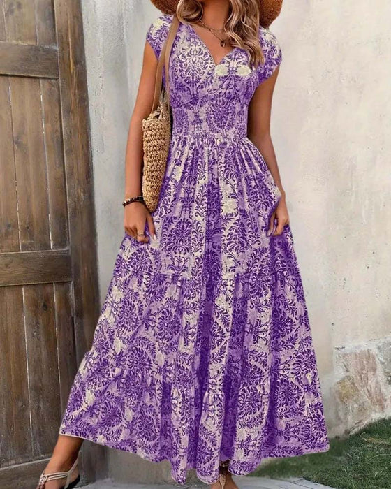 Robe Rétro Imprimé Col En V Taille Cintrée Longue