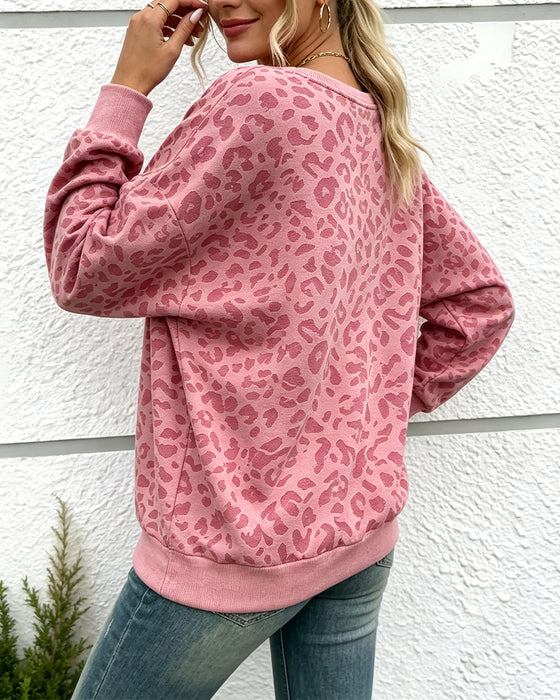 Pullover Sweatshirt Léopard Col Rond Épaule Descendue