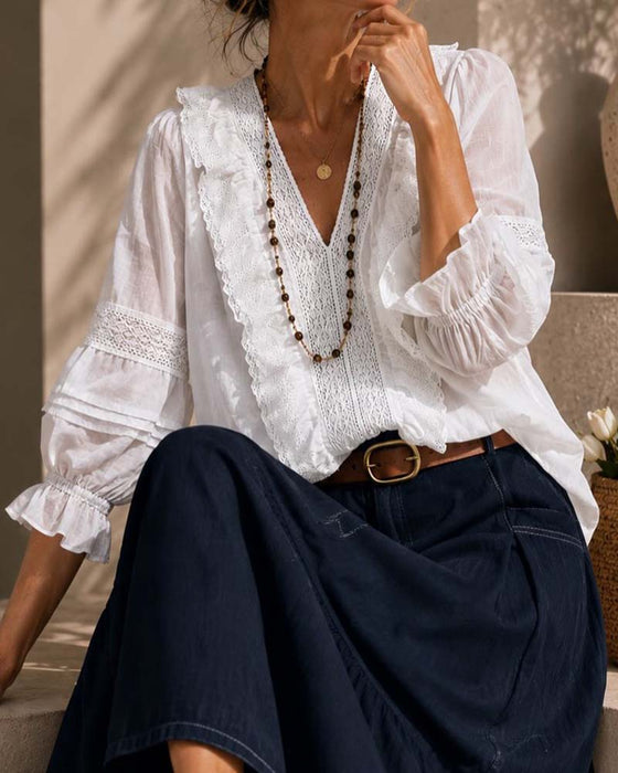 Blouse Col-V Uni En Dentelle