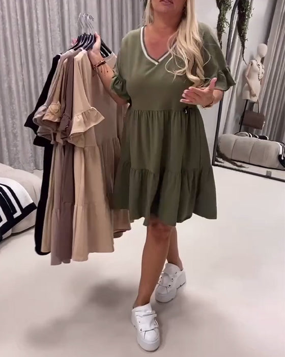 Robe Col En V Manche À Volants Coupe A