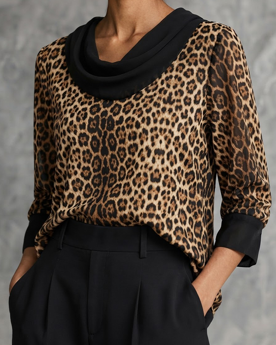Blouse Col Mock Léopard Manche Coude