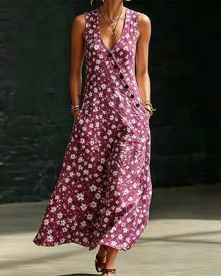 Robe Petits Fleurs Asymétrique Bouton Sans Manches