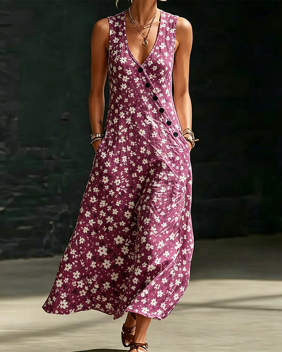 Robe Petits Fleurs Asymétrique Bouton Sans Manches