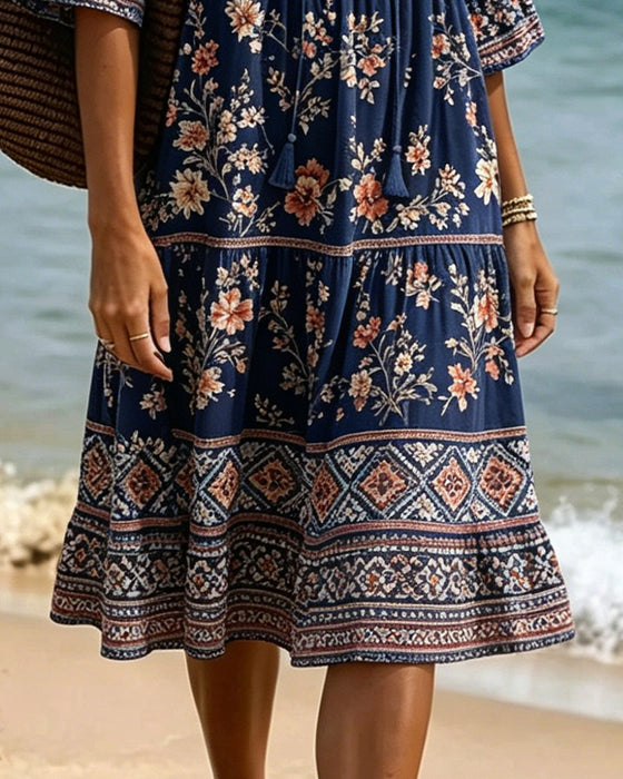 Robe Col V Ethnique Floral Patchwork