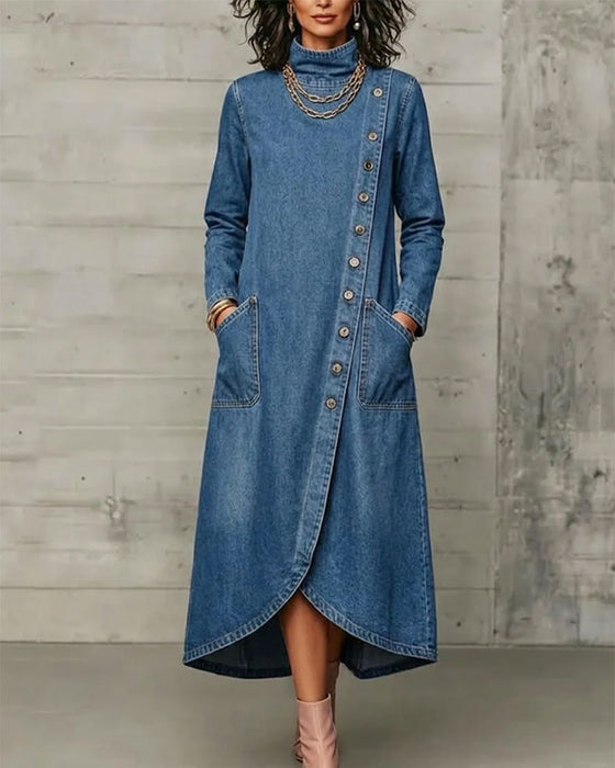 Robe Col Haut Bouton Poche