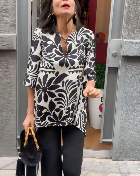 Blouse Vintage Manches Mi-Longues Imprimée