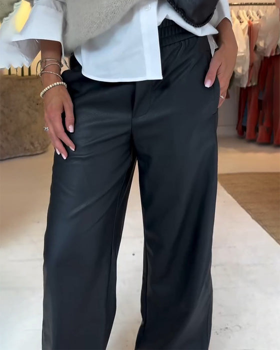 Pantalon Drapé Jambe Large Décontracté Cuir