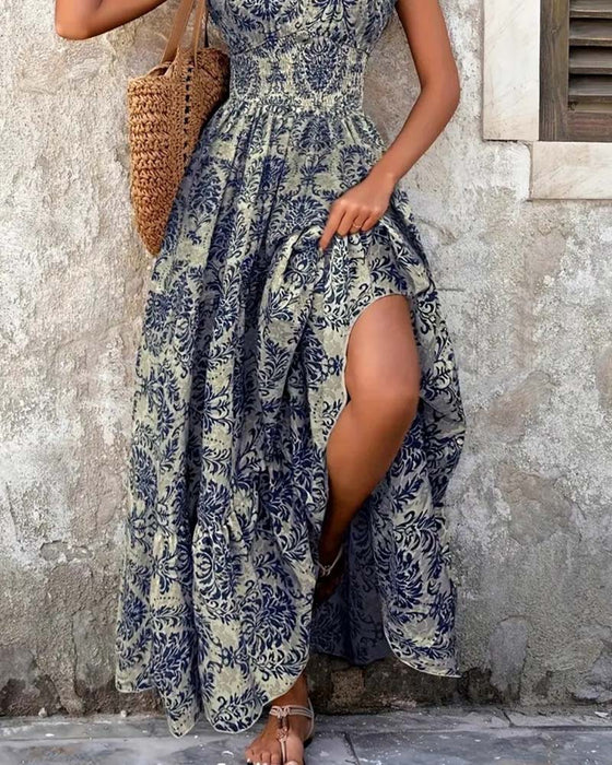 Robe Rétro Imprimé Col En V Taille Cintrée Longue