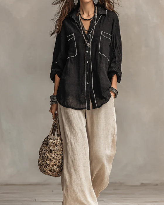 Chemise Col En V Contraste Ligne Décontractée