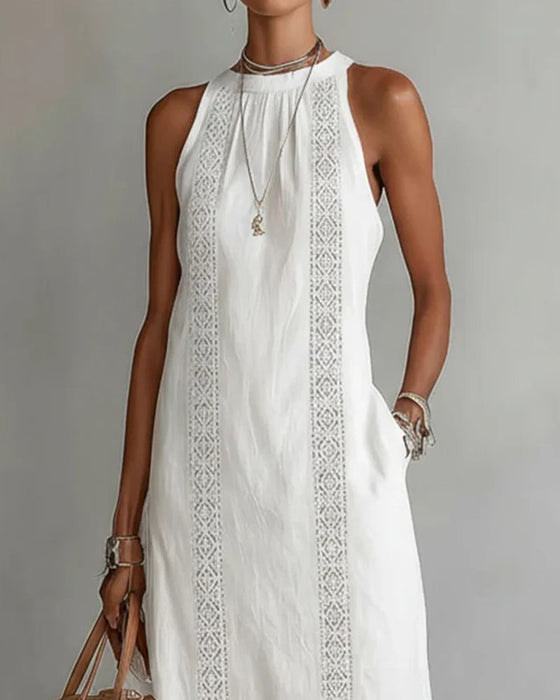 Robe 100% Coton Sans Manches Fente Dentelle Patchwork