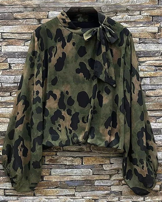 Blouse Camouflage Léopard Imprimé Foulard Attacher Manches Ballon