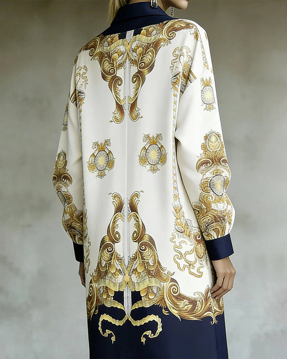 Robe Manche Lanterne Imprimée Col À Revers Chemise