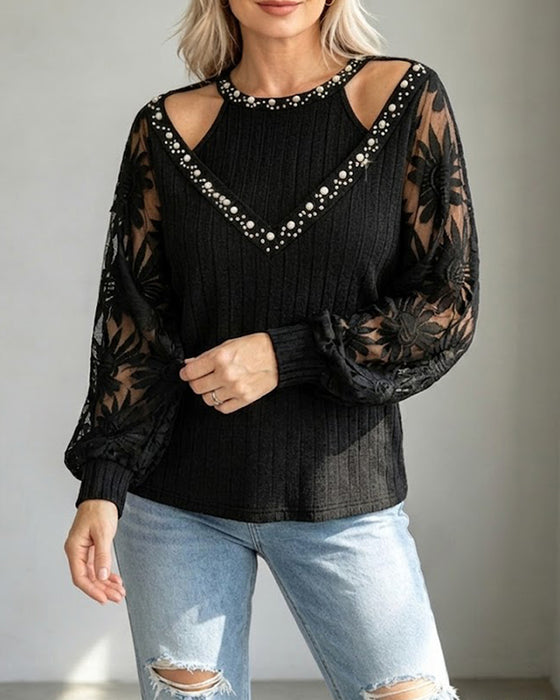 T-Shirt Perforé Dentelle Côtelé