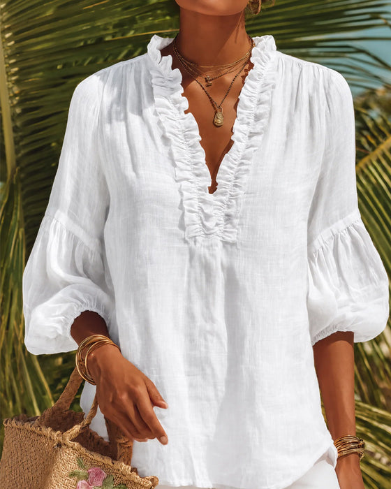 Blouse Volant Bord Manches Ballon Col En V
